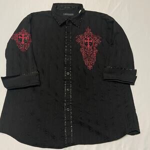 Lamasini Shirt Men’s 2 XL Embroidery Gemstone Cross 3/4 Fold Cuff Sleeves
